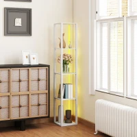 HOMCOM RGB LED Floor Lamp with Shelves, Modern Dimmable Standing Lamp with Remote Control, Adjustable Brightness & Speed for Living Room, Bedroom, Office, White(m-6)