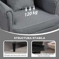HOMCOM Fotoliu de Sufragerie din Material Textil cu Taburet, Spătar Înalt și Pernă, Gri(m-6)