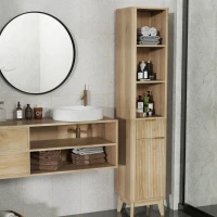 HOMCOM Coluna de Casa de Banho Móvel de Casa de Banho Estreito com Porta Canaleda Gaveta 3 Compartimentos e Prateleiras Ajustáveis 33x30x170 cm Madeira(m-2)