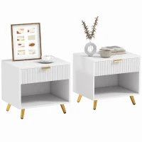 HOMCOM Bedside Tables Set of 2, Bedside Cabinets With Drawer and Open Compartment, Nightstands With Handle for Bedroom, Living Room, White(m-10)