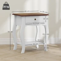 HOMCOM Conjunto de 2 Mesas de Cabeceira com Gaveta Estante Aberto e Bancada Efeito Carvalho Estilo Francês 45x35x55 cm Branco e Carvalho(m-3)