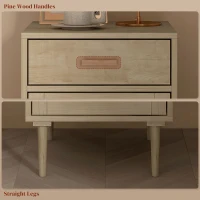 HOMCOM Bedside Tables Set of 2, Rattan Side Tables with Drawer, Cabinet and Adjustable Shelf, Boho Bedside Cabinets with Storage for Bedroom, Living Room, Natural Wood Finish(m-7)