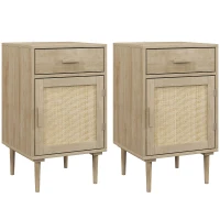 HOMCOM Bedside Tables Set of 2, Rattan Side Tables with Drawer, Cabinet and Adjustable Shelf, Boho Bedside Cabinets with Storage for Bedroom, Living Room, Natural Wood Finish(m-1)