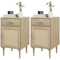 HOMCOM Bedside Tables Set of 2, Rattan Side Tables with Drawer, Cabinet and Adjustable Shelf, Boho Bedside Cabinets with Storage for Bedroom, Living Room, Natural Wood Finish(m-11)