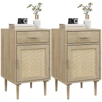 HOMCOM Bedside Tables Set of 2, Rattan Side Tables with Drawer, Cabinet and Adjustable Shelf, Boho Bedside Cabinets with Storage for Bedroom, Living Room, Natural Wood Finish(m-10)