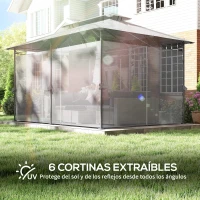 Outsunny Cenador de Jardín de 4x3 m con Doble Techo Paredes Laterales Resistente al Agua para Exterior Terraza Gris Oscuro(m-6)