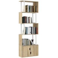 HOMCOM Bücherregal mit 5 Ebenen, Aufbewahrungsregal mit Regalen und doppelter Schranktür, 60 x 23,8 x 179,2 cm, Naturholz(m-6)