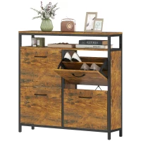 HOMCOM Shoe Storage Cabinet with 4 Flip Drawers and Open Shelf - Rustic Brown(m-11)