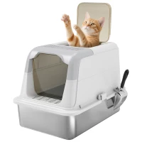 PawHut Kattenbak, kattenbox met deksel, kattenbakschep, vooringang en bovenuitgang roestvrijstaal tot 15 kg(m-10)
