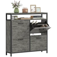HOMCOM Shoe Storage Cabinet with 4 Flip Drawers and Open Shelf - Cement Grey(m-10)
