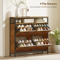 HOMCOM Shoe Storage Cabinet with 4 Flip Drawers and Open Shelf - Rustic Brown(m-4)