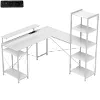HOMCOM Bureau d'angle, en forme de L avec prise intégrée, support d'écran et étagère de rangement, blanc(m-11)