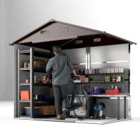 Outsunny Casetta da Giardino in Acciaio Effetto Legno con Doppie Porte Scorrevoli, 236x196x208 cm, Marrone(m-9)