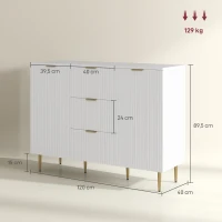 HOMCOM Buffet meuble cuisine rangement avec 3 tiroirs, étagères réglables, placards à portes cannelées, 120 x 40 x 90 cm, blanc(m-3)