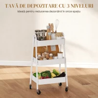 HOMCOM Cărucior de Bucătărie cu 3 Niveluri, Roți Pivotante, Mânere și Frâne, 42,4x29,8x74,5 cm, Alb(m-4)