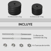 HOMCOM Juego de Mancuernas Ajustables de 20kg con Discos de 2,5/1,5 kg y Barras de 2 kg para Gimnasio en Casa(m-6)