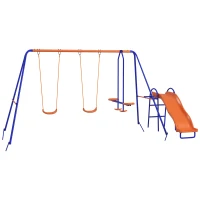 Outsunny Four-In-One Metal Garden Swing Set, with Double Swings, Glider, Slider, Ladder - Orange and Blue(m-11)