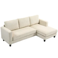 HOMCOM Canapé d'angle en velours côtelé 3 places avec méridienne et coussin à ressorts épais, largeur 214 cm, beige(m-10)