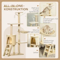 PawHut Kratzbaum 134,2 cm Katzenturm mit Höhle, 2 Spielzeuge Sisalstämme, große Plattform, Treppe, mehrstöckiger Katzenkratzbaum, Kletterbaum, für mittelgroße Katzen, Beige+Weiß(m-7)