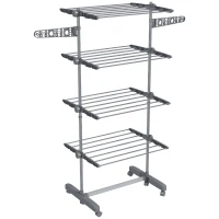 HOMCOM Four-Shelf Collapsing Clothes Horse, With Side Arms and Wheels - Grey(m-1)