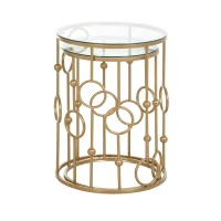 HOMCOM 2-delig Salontafelset, Bijzettafel met Glazen Blad, Woonkamer Tafel met Reifen- en Kogelontwerp Ø41 x 57 cm, Goud(m-10)