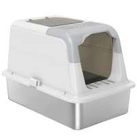 PawHut Kattenbak, kattenbox met deksel, kattenbakschep, vooringang en bovenuitgang roestvrijstaal tot 15 kg(m-1)