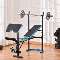HOMCOM Banco de Musculação Multifuncional com Suporte para Barras e Encosto Ajustável 155x56,5x120 cm Preto e Azul(m-2)