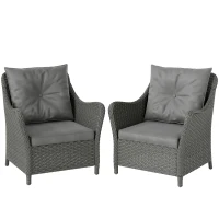 Outsunny Rattan Garden Chairs Set of 2, Outdoor Rattan Chairs with Cushions, Armrests and High Back, PE Wicker Garden Armchair with Steel Frame for Balcony, Porch, Dark Grey(m-11)