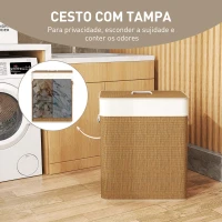 HOMCOM Cesto de Roupa com Tampa 100L de Bambu com 2 Compartimentos Bolsa Interior Amóvivel 52x32x63 cm Marrom e Creme(m-5)