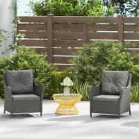 Outsunny Rattan Garden Chairs Set of 2, Outdoor Rattan Chairs with Cushions, Armrests and High Back, PE Wicker Garden Armchair with Steel Frame for Balcony, Porch, Dark Grey(m-9)