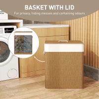 HOMCOM Double Laundry Basket with Lid, 100L Bamboo Laundry Hamper with Rope Handles, Washing Basket with Removable Liner for Bathroom, Bedroom, Brown(m-5)
