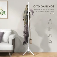 HOMCOM Cabide de Pé de Madeira com 8 Ganchos para Pendurar Roupa e Bolsas para Corredor Entrada 40x40x165 cm Branco(m-4)