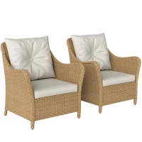 Outsunny Rattan Garden Chairs Set of 2, Outdoor Rattan Chairs with Cushions, Armrests and High Back, PE Wicker Garden Armchair with Steel Frame for Balcony, Porch, Beige(m-1)