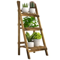 Outsunny Soporte para Plantas de Madera de 3 Niveles Estantería para Plantas Plegable Soporte para Macetas 40x37x93 cm Natural(m-10)