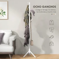HOMCOM Perchero de Pie de Madera Forma de Árbol con 8 Ganchos para Colgar Ropa Bolsos en Pasillo Entrada 40x40x165 cm Blanco(m-4)