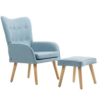 HOMCOM Poltrona com Apoio para Pés Poltrona de Leitura com Capitonê Pés de Madeira e Revestimento em Linho 70x72x94 cm Azul Claro(m-11)