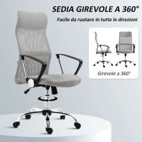 HOMCOM Sedia Ergonomica da Ufficio Girevole, Altezza Regolabile e Schienale a Rete, 63x65x109-119 cm, Grigio Chiaro(m-5)