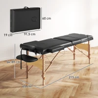 HOMCOM Marquesa de Massagem Dobrável Portátil com Altura Ajustável Apoio de Cabeça Apoios de Braço Acolchoados 215x60x64-89 cm Preto(m-3)