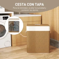 HOMCOM Cesto de Ropa Sucia de Bambú con 2 Compartimentos Asas para Facilitar el Uso y Bolsas Desmontables Lavables 52x32x63 cm(m-5)