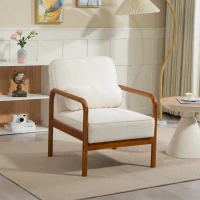 HOMCOM Fauteuil de salon en tissu bouclette avec coussin et cadre en bois d'hévéa, pour chambre, salon, salle à manger, blanc(m-7)