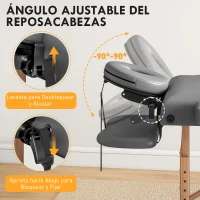HOMCOM Camilla Masaje Plegable de Madera de 3 Zonas con Altura Respaldo Reposacabezas Ajustables Brazos 215x60x64-89 cm Gris(m-5)