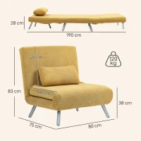 HOMCOM Sofá Cama Individual 3 em 1 Poltrona Cama Dobrável com Encosto Ajustável de 5 Níveis e Almofada 80x75x83 cm Amarelo(m-3)