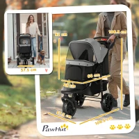 PawHut 2 in 1 Passeggino per Cani Pieghevole a 3 Ruote con Freno, Cestino Portaoggetti e Porta Bottiglia, in Acciaio e Oxford, Grigio e Nero, 109.5x57.5x106.5cm(m-3)