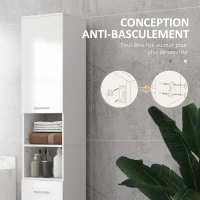 kleankin Meuble colonne salle de bain avec étagères réglables et compartiments ouverts, 30x30x180cm, blanc brillant(m-5)