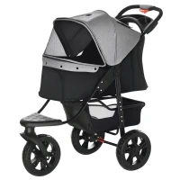 PawHut 2 in 1 Passeggino per Cani Pieghevole a 3 Ruote con Freno, Cestino Portaoggetti e Porta Bottiglia, in Acciaio e Oxford, Grigio e Nero, 109.5x57.5x106.5cm(m-10)