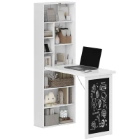 HOMCOM Wall Mounted Computer Desk, Folding Study Table with Black Board and Bookshelf, Multifunctional Floating Writing Desk for Home Office, White(m-10)