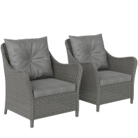 Outsunny Rattan Garden Chairs Set of 2, Outdoor Rattan Chairs with Cushions, Armrests and High Back, PE Wicker Garden Armchair with Steel Frame for Balcony, Porch, Dark Grey