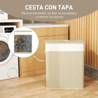 HOMCOM Cesto de Ropa Sucia de Bambú con 2 Compartimentos Asas para Facilitar el Uso y Bolsas Desmontables Lavables 52x32x63 cm(m-5)