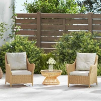 Outsunny Rattan Garden Chairs Set of 2, Outdoor Rattan Chairs with Cushions, Armrests and High Back, PE Wicker Garden Armchair with Steel Frame for Balcony, Porch, Beige(m-9)