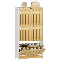 HOMCOM Zapatero Estrecho con 3 Puertas de Bambú con Listones Estantes Ajustables para 18 Pares de Zapatos Blanco y Natural(m-10)